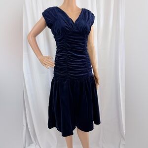 Alice’s Pig Sophisticated Midnight Blue Velvet V-Neck Cap Sleeves Midi Dress NWT